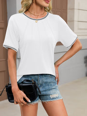 White t-shirt with short sleeves and contrast trim neckline and cuffs.