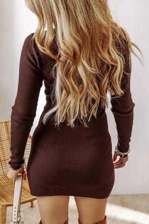 Chocolate ribbed knit mini dress with long sleeves and side slit detail.