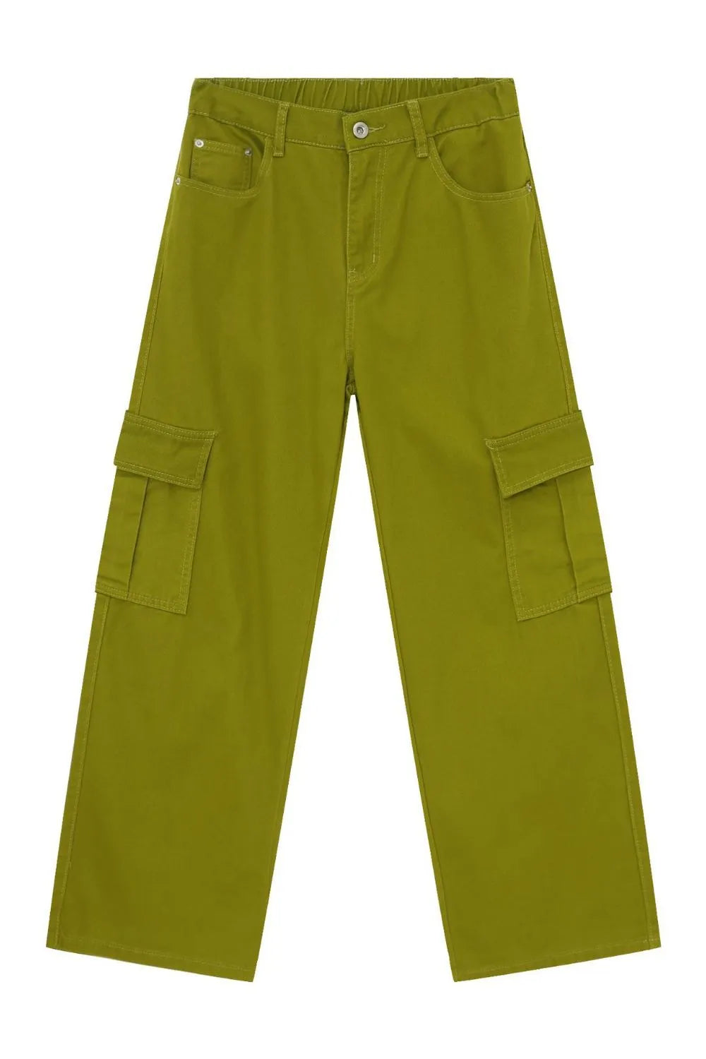 Yellow-green 100% cotton wide leg cargo pants with utility pockets.