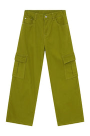 Yellow-green 100% cotton wide leg cargo pants with utility pockets.