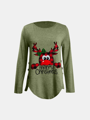 Matcha green long sleeve tee with asymmetrical button detail and reindeer graphic.