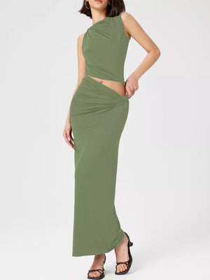 Asymmetrical Ruched Knit Top And Skirt Set in Yellow Green, product detail