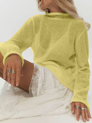 Yellow sheer mock neck knit sweater with long sleeves and a relaxed fit.