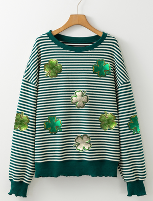 Dark green and white striped boatneck pullover with clover appliqués.