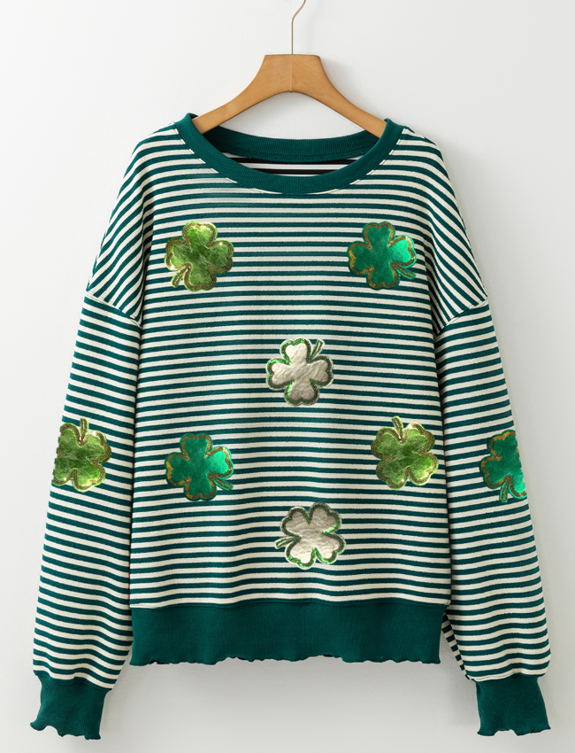 Dark green and white striped boatneck pullover with clover appliqués.