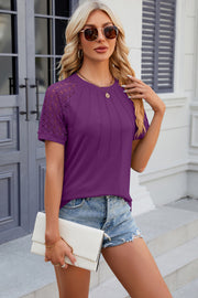 Purple lace raglan sleeve ribbed tee with pintuck detail on front.