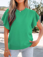 Green ribbed knit top with round neck and ruffled short sleeves.