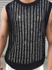 Black textured stripe knit tank top with a crew neck and sleeveless design.