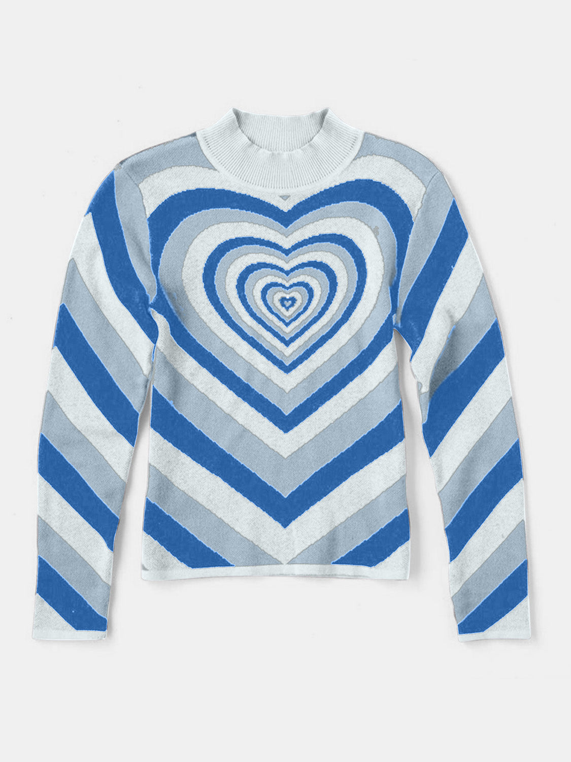 Mock neck sweater with blue, grey, and white chevron stripes and a concentric heart pattern.