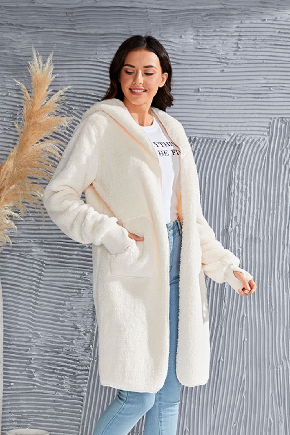 Cream plush hooded duster with thumbhole cuffs and pockets