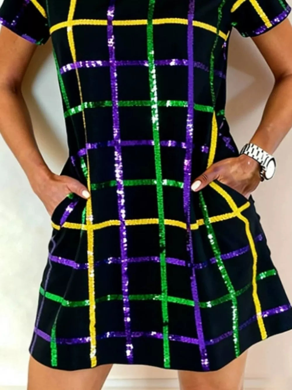 Full Size Plaid Short Sleeve Mini Dress in Multicolor, side view