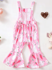 Pink baby overalls with adjustable straps, flare legs, and a playful bunny and carrot print.