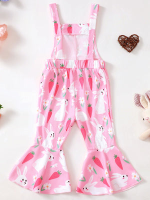 Pink baby overalls with adjustable straps, flare legs, and a playful bunny and carrot print.