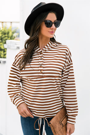 Chestnut striped relaxed fit hoodie with button neck detail and drawstring waist.
