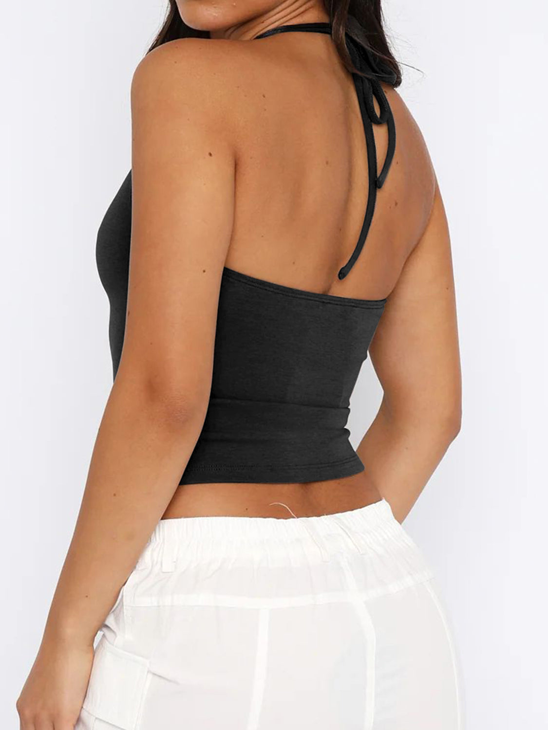 Black halter crop top with tie back detail