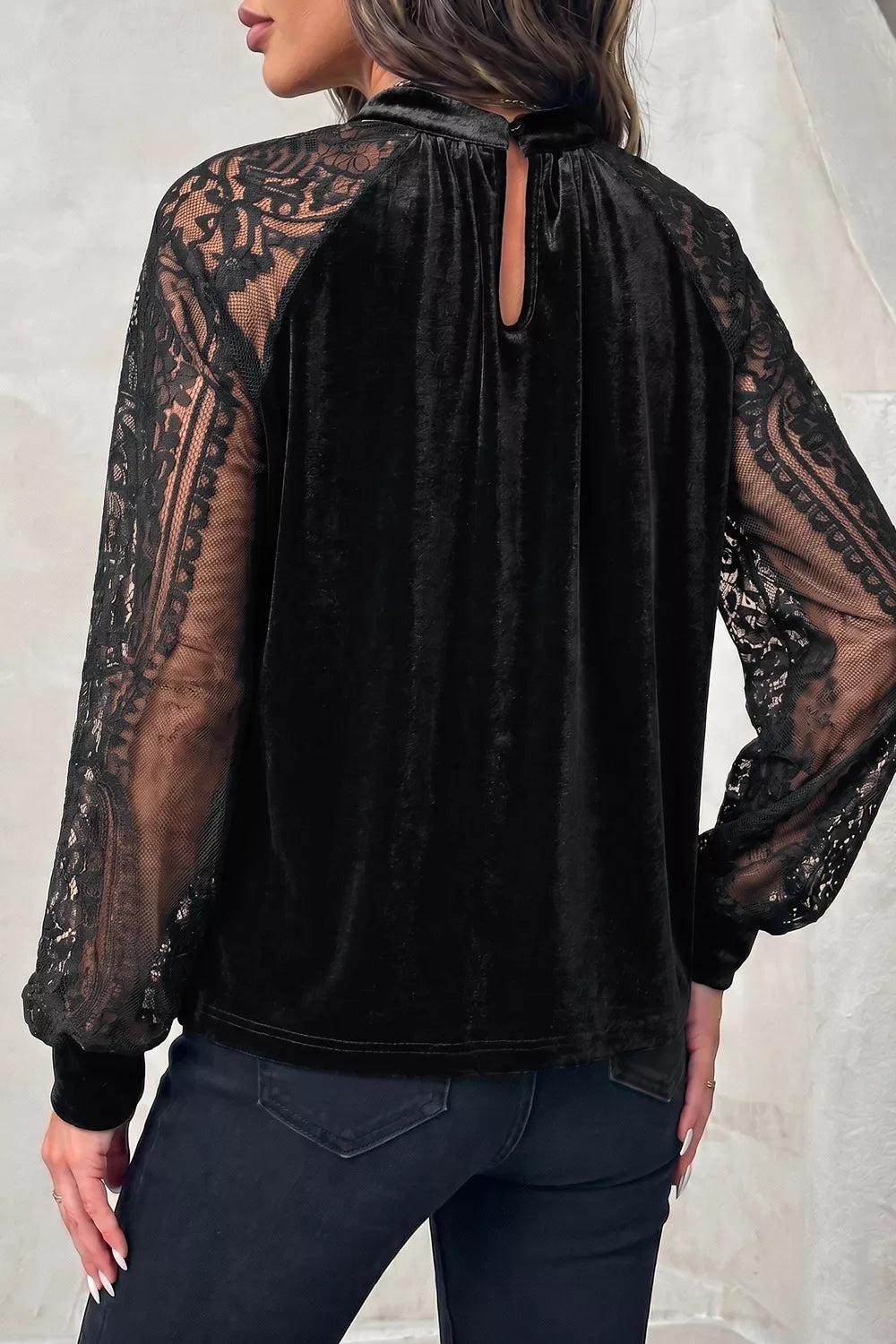 Solid Sheer Lace Velvet Blouse, fabric detail