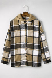 Plaid hooded shacket in tan, black, and white with button front and relaxed fit.