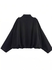 Black oversized zip-up jacket with elastic hem and shoulder details