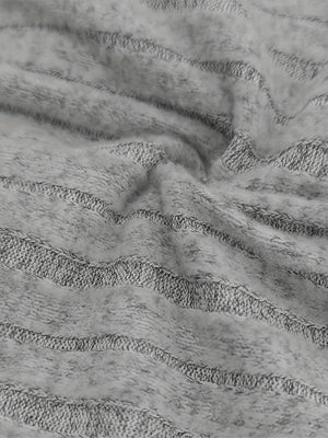 Gray ribbed cowl neck sweater with button cuffs and textured knit detail.