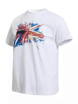 White cotton men's t-shirt with Rolling Stones graphic and Union Jack design