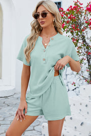 Light green waffle knit henley short set with button detail and v-neck.