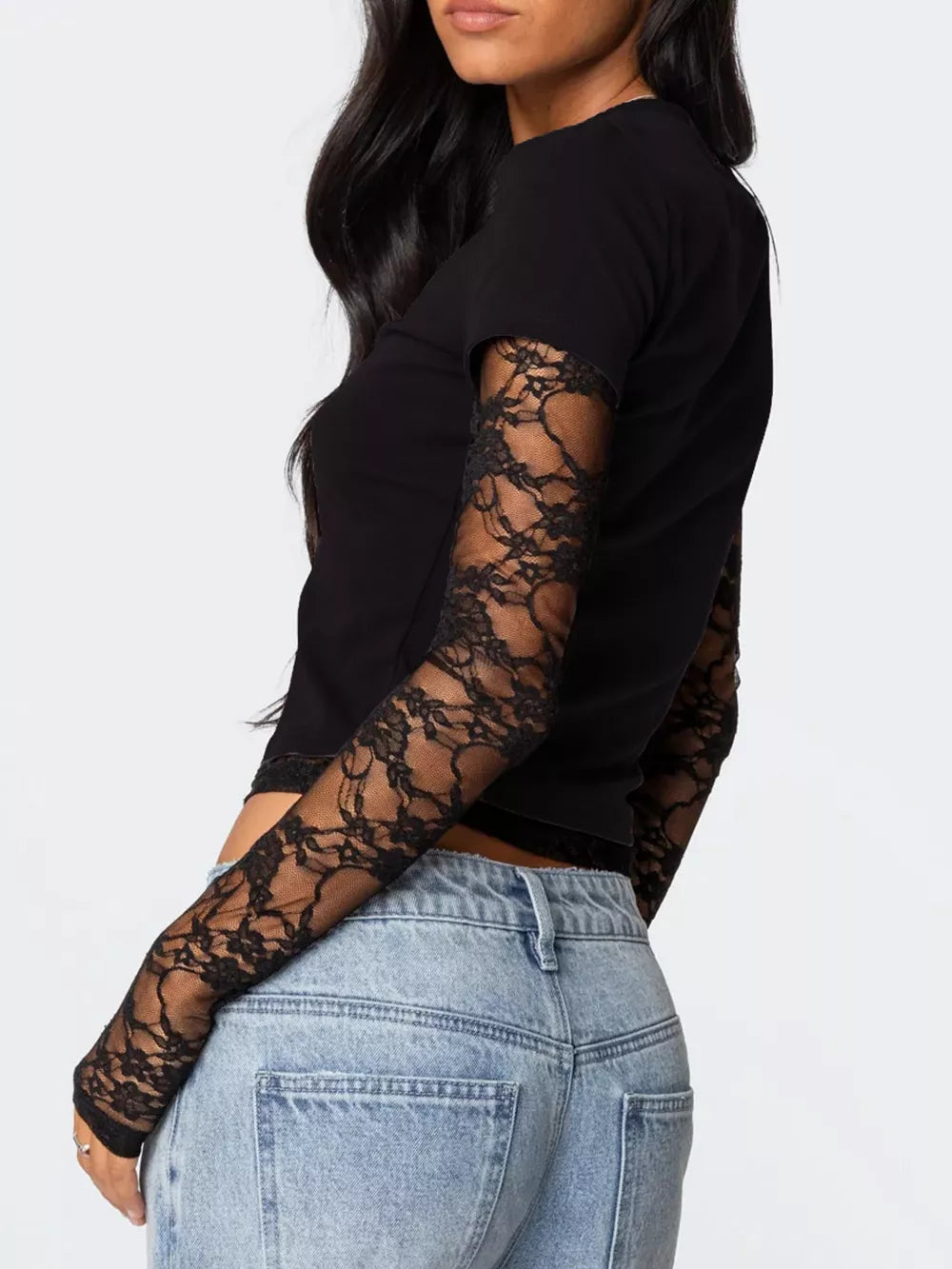 Black cropped t-shirt with lace sleeves and crew neck.