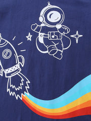Navy cotton tee with white astronaut and rocket print, rainbow detail