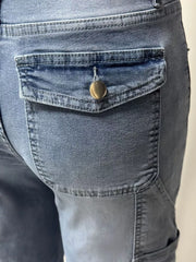 Maternity jeans in light wash denim with a buttoned cargo pocket detail.