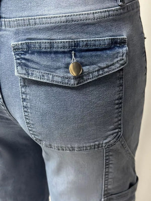 Maternity jeans in light wash denim with a buttoned cargo pocket detail.