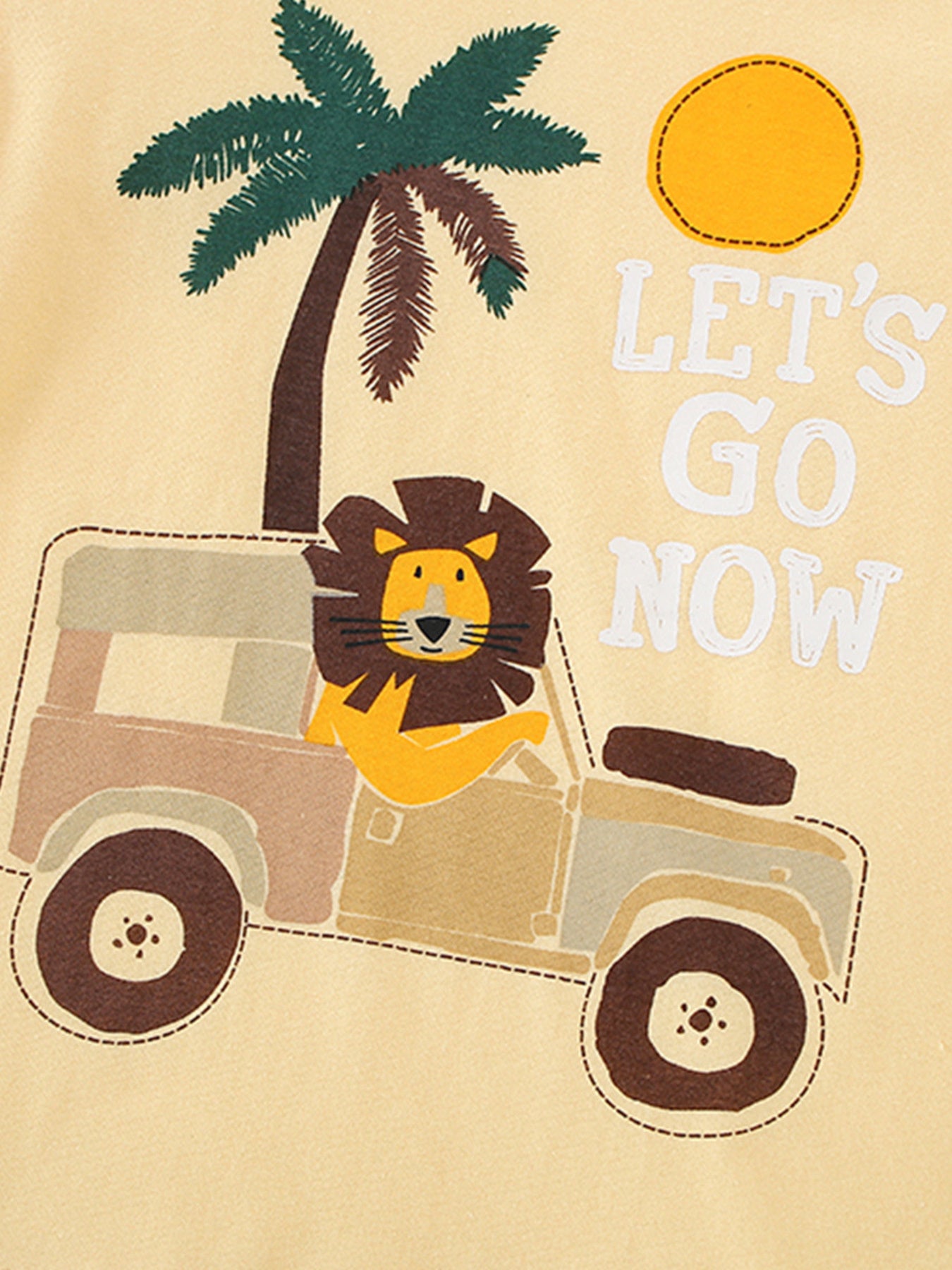 Safari Lion Graphic Toddler T-Shirt in yellow cotton with a lion driving a jeep and palm tree graphic.