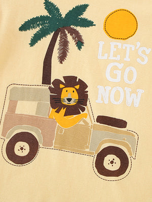 Safari Lion Graphic Toddler T-Shirt in yellow cotton with a lion driving a jeep and palm tree graphic.