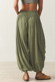 Matcha green gathered ankle-tie balloon trousers with elastic waist