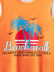 Orange graphic tank top with beach scene and text