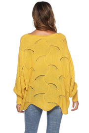 Yellow openwork cocoon sleeve knit sweater with boat neck and curved cutout pattern.