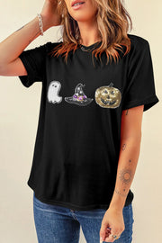 Black t-shirt with sequin Halloween ghost, witch hat, and pumpkin graphic.