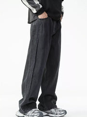 Men's dark wash cotton wide-leg jeans with visible stitching detail