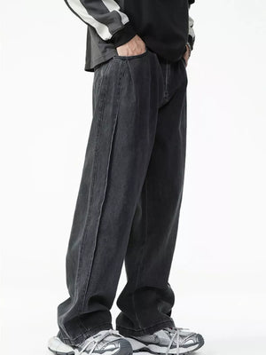 Men's dark wash cotton wide-leg jeans with visible stitching detail