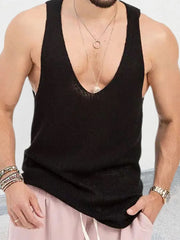 Black knit tank top with deep V-neck, ribbed texture, and sleeveless design.