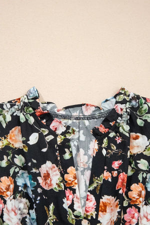 Black floral print cotton maxi dress with V-neck and ruffled details