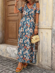 Cold Shoulder Floral Print Maxi Dress in Black, fabric detail