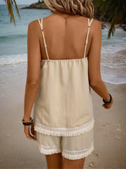 Tan co-ord set with textured fabric and fringe trim on cami and shorts.