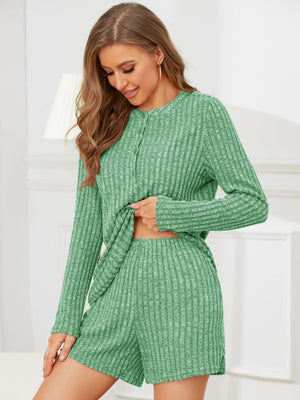 Green ribbed henley loungewear set with button detail and shorts