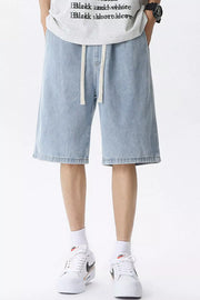 Light blue denim shorts for men with drawstring waist and vintage wash