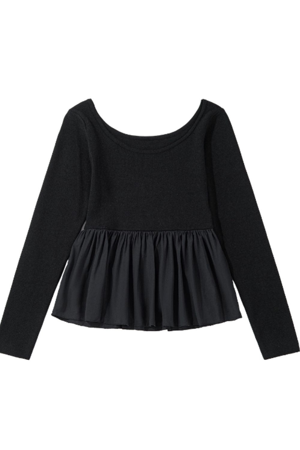Black ribbed bodice peplum top with long sleeves and a scoop neck.