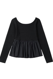 Black ribbed bodice peplum top with long sleeves and a scoop neck.