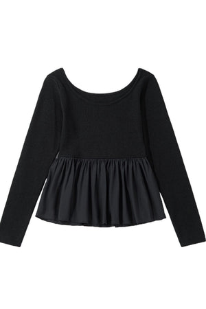Black ribbed bodice peplum top with long sleeves and a scoop neck.
