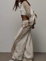 Color Block Zip Up Outerwear And Pants Set in Grey, alternate angle
