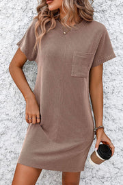 Ribbed tee dress in taupe with vertical stripes and a patch pocket.