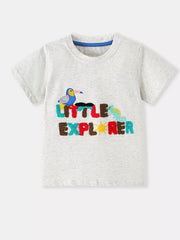Little Explorer graphic toddler t-shirt in heather grey cotton with embroidered toucan and chameleon.
