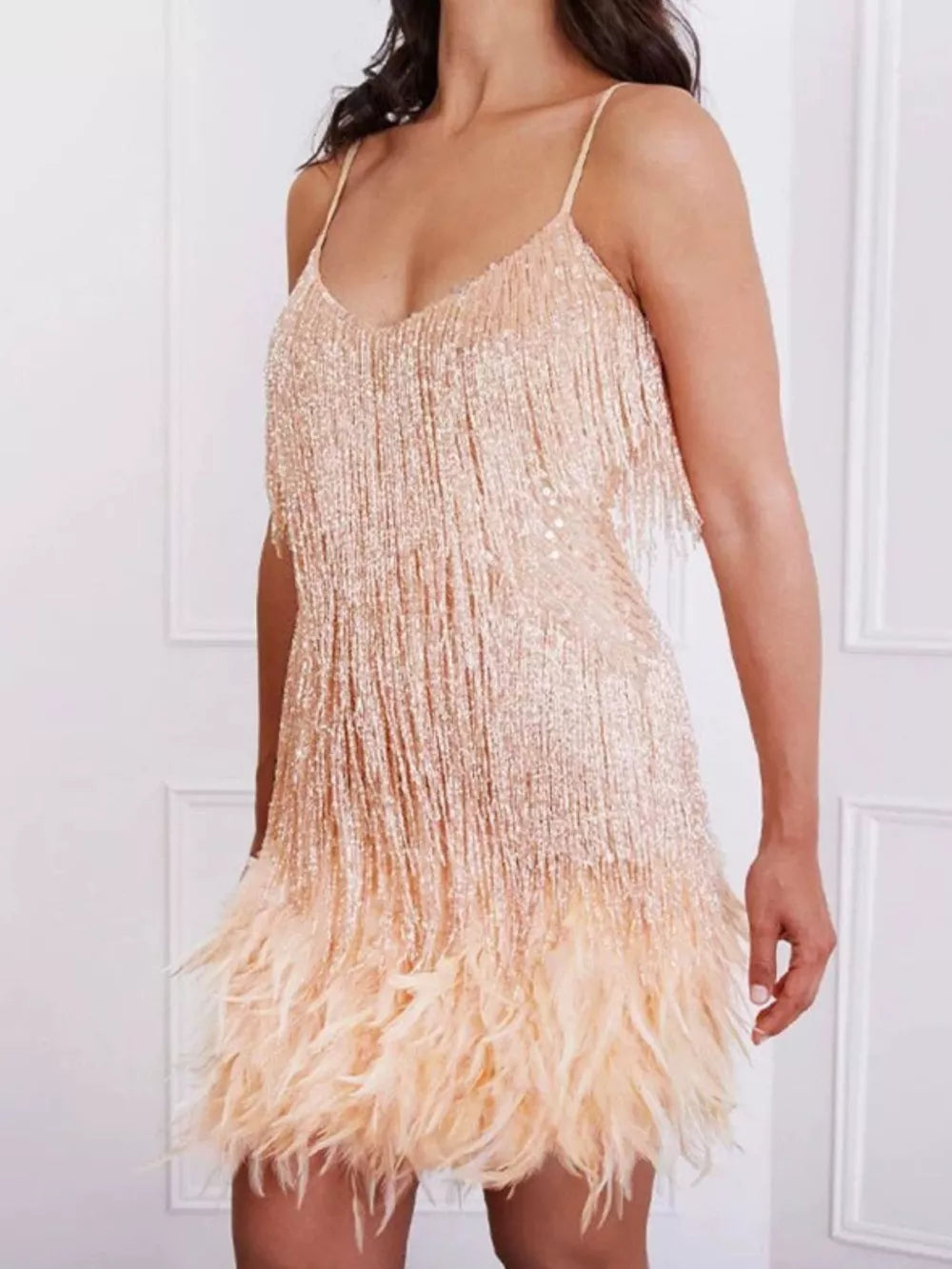 Sequined Feather Fringe Mini Dress